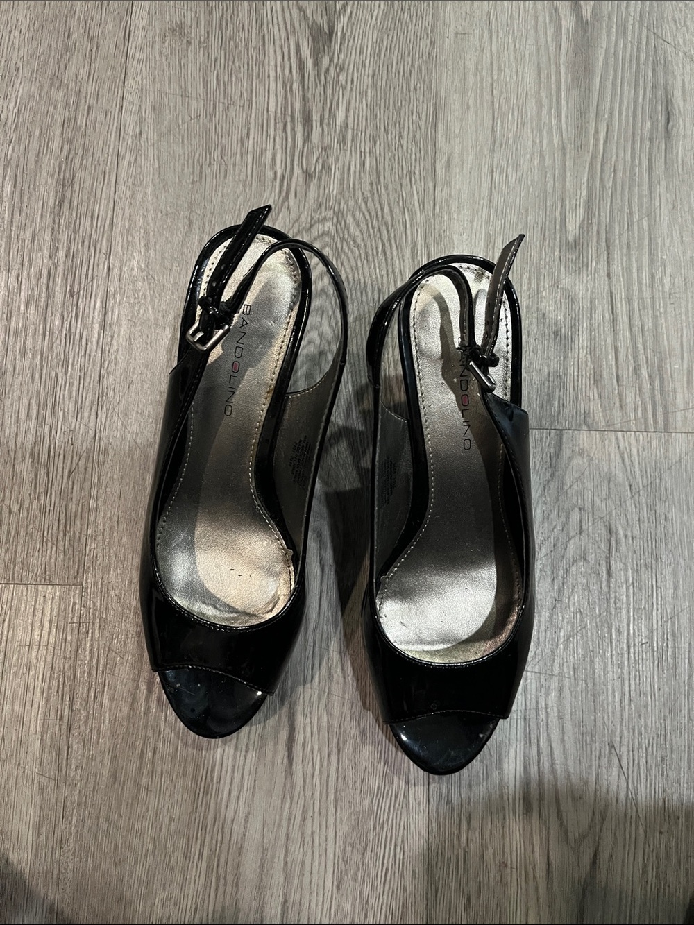 Bandolino Black Patent Peep-Toe Slingback Heels with Ankle Strap